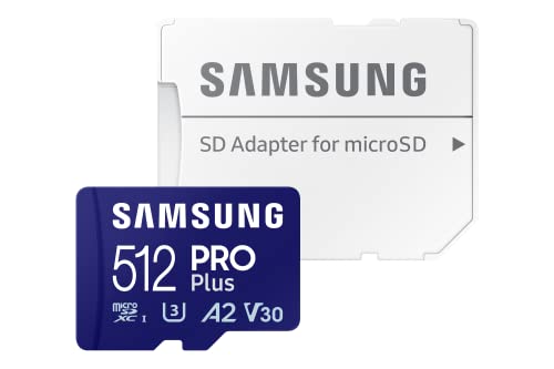 SAMSUNG PRO Plus microSD Memory Card + Adapter, 512GB MicroSDXC, Up to 180 MB/s, Full HD & 4K UHD, UHS-I, C10, U3, V30, A2 for Android Phones, Tablets, Action Camera, Drone, MB-MD512SA/APC