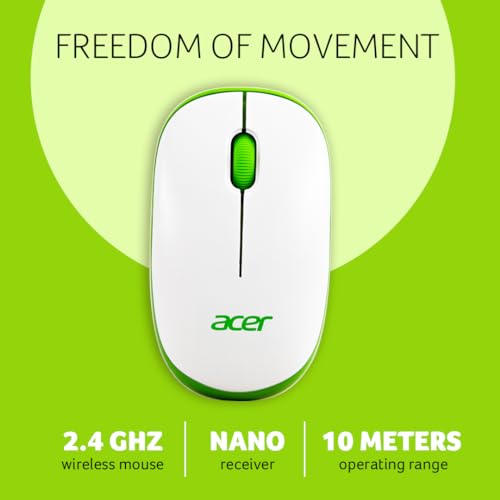 Acer Wireless Mouse (1600 DPI/2.4 GHz Wireless Frequency/Optical Sensor/USB Dongle) | Color: White/Green