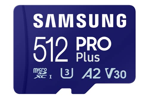 SAMSUNG PRO Plus microSD Memory Card + Adapter, 512GB MicroSDXC, Up to 180 MB/s, Full HD & 4K UHD, UHS-I, C10, U3, V30, A2 for Android Phones, Tablets, Action Camera, Drone, MB-MD512SA/APC