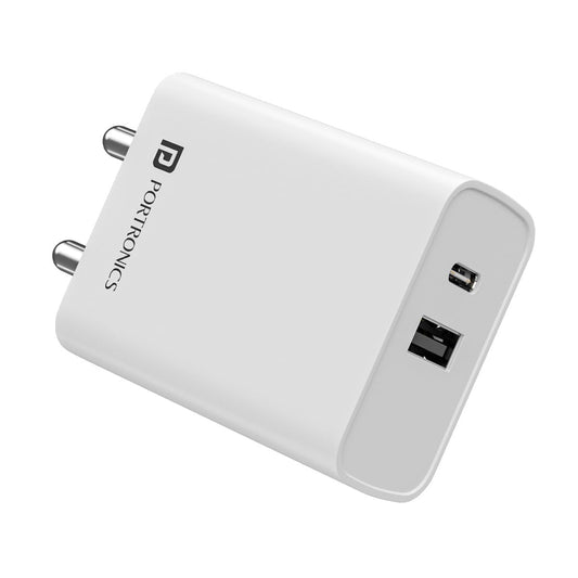 Portronics Adapto 70 33W Fast Charger Adapter with Dual Output (USB + Type C) Supports PPS Charging Via Type C Port, 27W Dash, Warp 27W, Dart, Super Dart 27W(White)