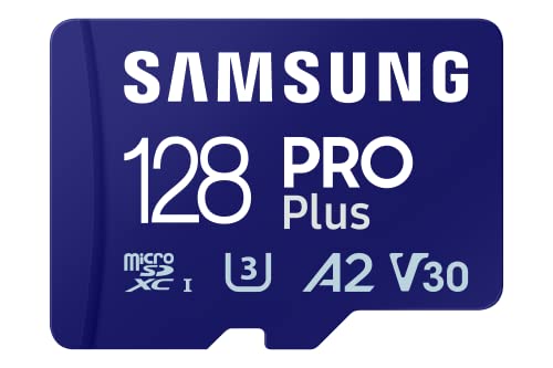 SAMSUNG PRO Plus microSD Memory Card + Adapter, 128GB MicroSDXC, Up to 180 MB/s, Full HD & 4K UHD, UHS-I, C10, U3, V30, A2 for Android Phones, Tablets, Action Camera, Drone, MB-MD128SA/APC