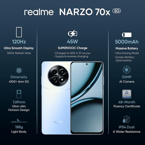 realme NARZO 70x 5G (Ice Blue, 8GB RAM,128GB Storage)|120Hz Ultra Smooth Display|Dimensity 6100+ 6nm 5G|50MP AI Camera|45W Charger in The Box