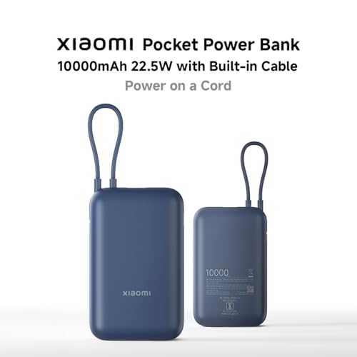 Xiaomi Pocket Power Bank 10000mAh 22.5W Fast Charging|Inbuilt Cable|Slim & Compact|Power Delivery|QC 3.0|Type-C Input & Output|3 Output Ports|Blue|Supports Android,Apple,Tablets,Earbuds,Watches