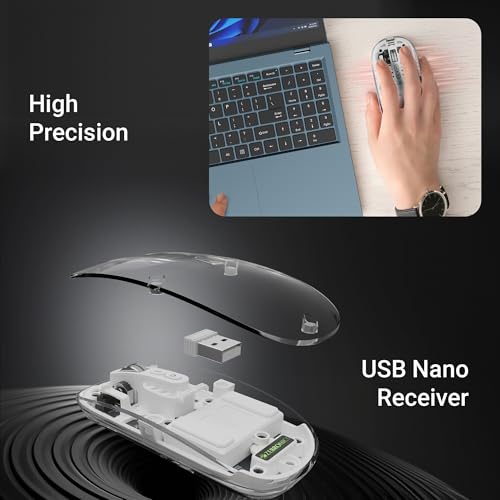 ZEBRONICS Sheer Rechargeable Wireless Mouse, Dual Mode (2.4GHz + BT), Dual Bluetooth, Silent Operation, Transparent Body, RGB, Battery Indicator, for Mac | Laptop | Computer (White)