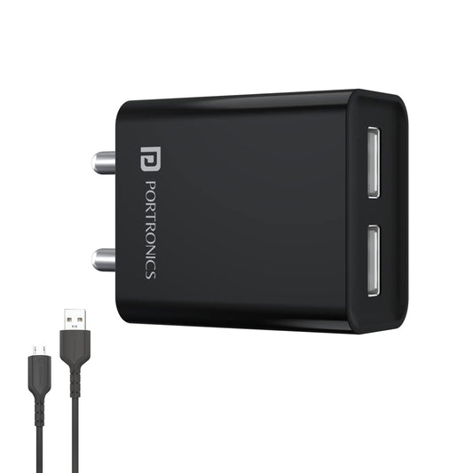 Portronics Adapto 66 2.4A 12w Dual USB Port 5V/2.4A Wall Charger,Comes with 1M Micro USB Cable, USB Wall Charger Adapter for Smartphone (Black)