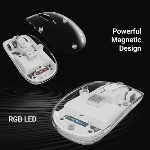 ZEBRONICS Sheer Rechargeable Wireless Mouse, Dual Mode (2.4GHz + BT), Dual Bluetooth, Silent Operation, Transparent Body, RGB, Battery Indicator, for Mac | Laptop | Computer (White)