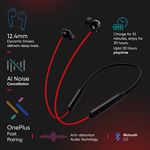 OnePlus Bullets Z2 Bluetooth Wireless in Ear Earphones with Mic, Bombastic Bass, 10 Mins Charge - 20 Hrs Music, 30 Hrs Battery Life (Acoustic Red)