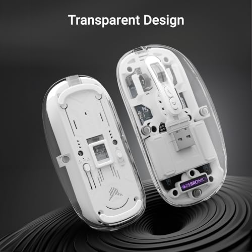 ZEBRONICS Sheer Rechargeable Wireless Mouse, Dual Mode (2.4GHz + BT), Dual Bluetooth, Silent Operation, Transparent Body, RGB, Battery Indicator, for Mac | Laptop | Computer (White)