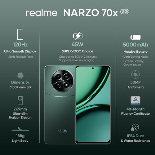 realme NARZO 70x 5G (Forest Green, 8GB RAM,128GB Storage) | 120Hz Ultra Smooth Display | Dimensity 6100+ 6nm 5G | 50MP AI Camera | 45W Charger in The Box