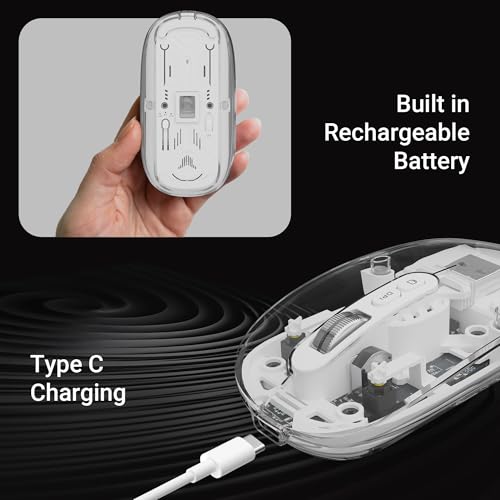 ZEBRONICS Sheer Rechargeable Wireless Mouse, Dual Mode (2.4GHz + BT), Dual Bluetooth, Silent Operation, Transparent Body, RGB, Battery Indicator, for Mac | Laptop | Computer (White)