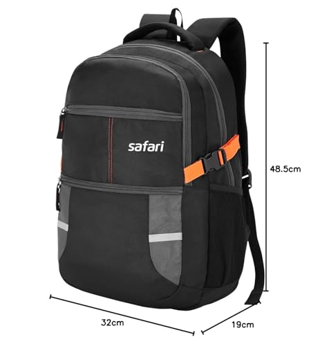 Safari Omega spacious/large laptop backpack with Raincover, college bag, travel bag for men and women, Black, 30 Litre