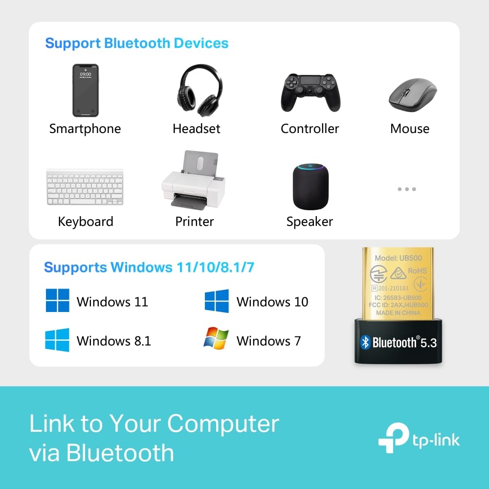 TP-Link USB Bluetooth Adapter for PC, 5.3 Bluetooth Dongle Receiver (UB500) Supports Windows 11/10/8.1/7 for Desktop, Laptop, Mouse, Keyboard, Printers, Headsets, Speakers, PS4/ Xbox Controllers.