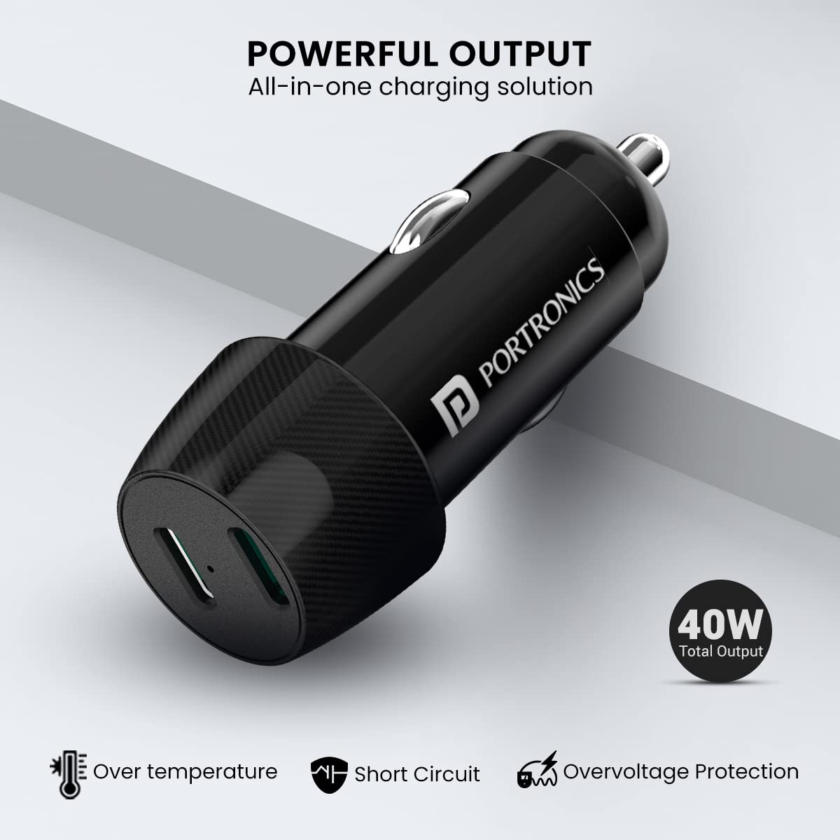 Portronics 40W Car Power 14 Fast Car Charger with Dual Type-C Output, PD Power Delivery, 40 Watts Total, Adapter Compatible with Most Cars & Cellular Phones (Black)