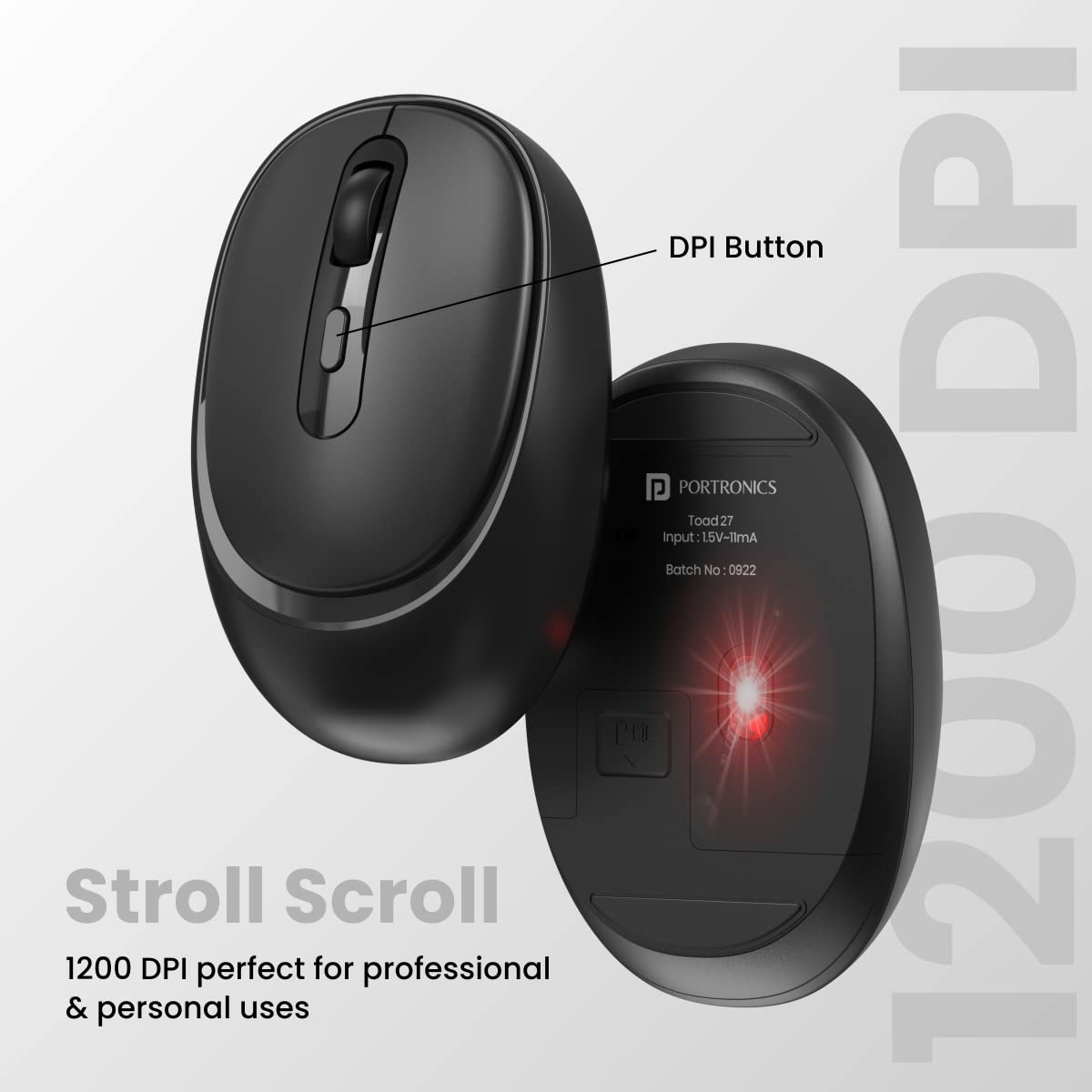 Portronics Toad 27 Wireless Mouse, Silent Buttons, 2.4 GHz with USB Nano Dongle for PC/Mac/Laptop, Auto Power Saving Mode, Adjustable DPI Button(Black)