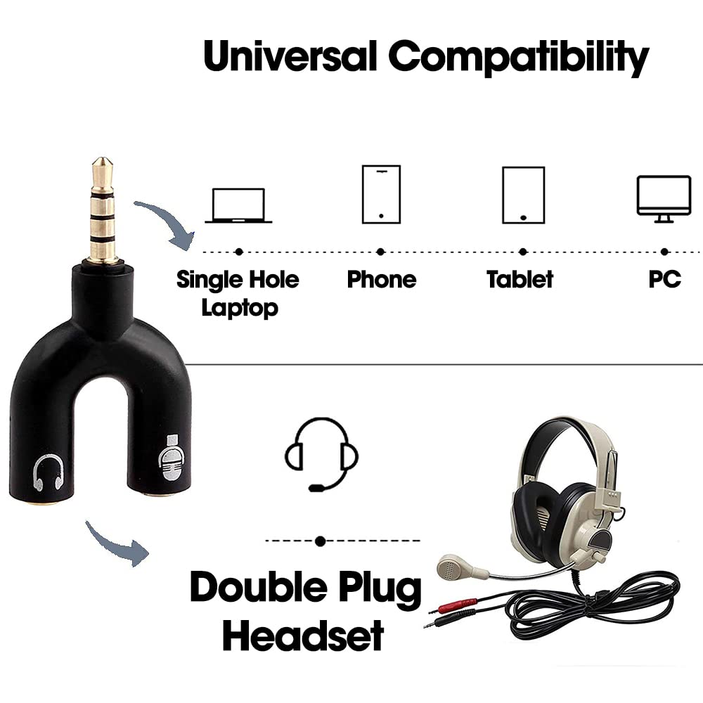 Sounce Audio Jack Headphones with mic, 3.5 mm Jack Splitter 2 Male 1 Female Black (U-Shape) (USPLITTER)