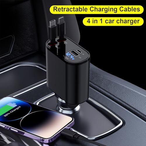 Retractable Car Charger, 4 in 1 Fast Charging Car Charger 100W, Retractable Cable and 2 USB Ports Car Charger Adapter Compatible with iPhone 15 14 13 12 11 Pro Max, Galaxy S23, Pixel Car Charger