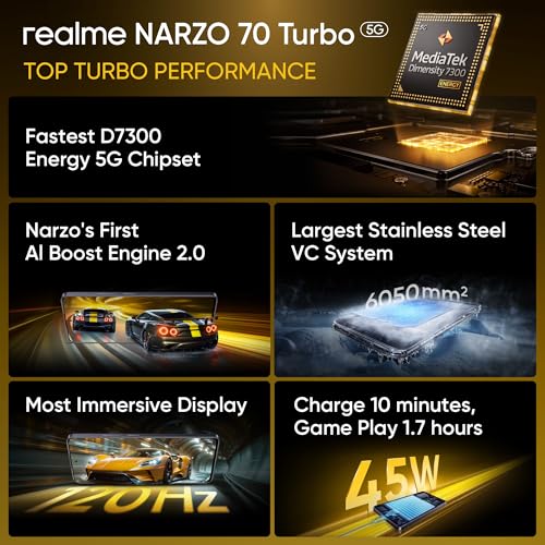 realme NARZO 70 Turbo 5G (Turbo Purple,6GB RAM,128GB Storage) | Segment's Fastest Dimensity 7300 Energy 5G Chipset | Motorsports Inspired Design