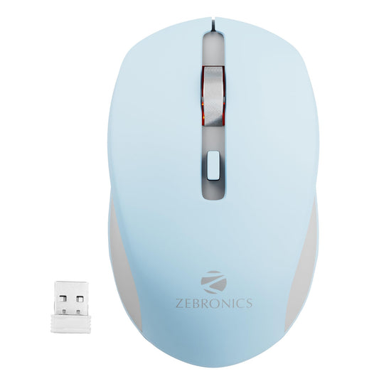 ZEBRONICS Zeb-Jaguar Wireless Mouse, 2.4GHz with USB Nano Receiver, High Precision Optical Tracking, 4 Buttons, Plug & Play, Ambidextrous, for PC/Mac/Laptop (Light Blue+Grey)