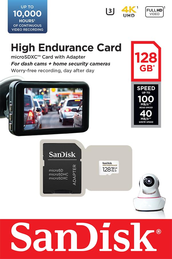 SanDisk 128GB High Endurance Video MicroSDXC Card with Adapter for Dash Cam and Home Monitoring Surveillance Systems - C10, U3, V30, 4K UHD, Micro SD Card - SDSQQNR-128G-GN6IA