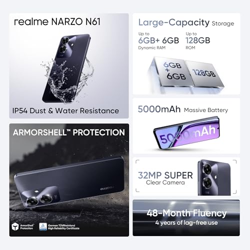 realme NARZO N61 (Marble Black, 4GB RAM+64GB Storage) 90Hz Eye Comfort Display | IP54 Dust & Water Resistance | 48-Month Fluency | Charger in The Box