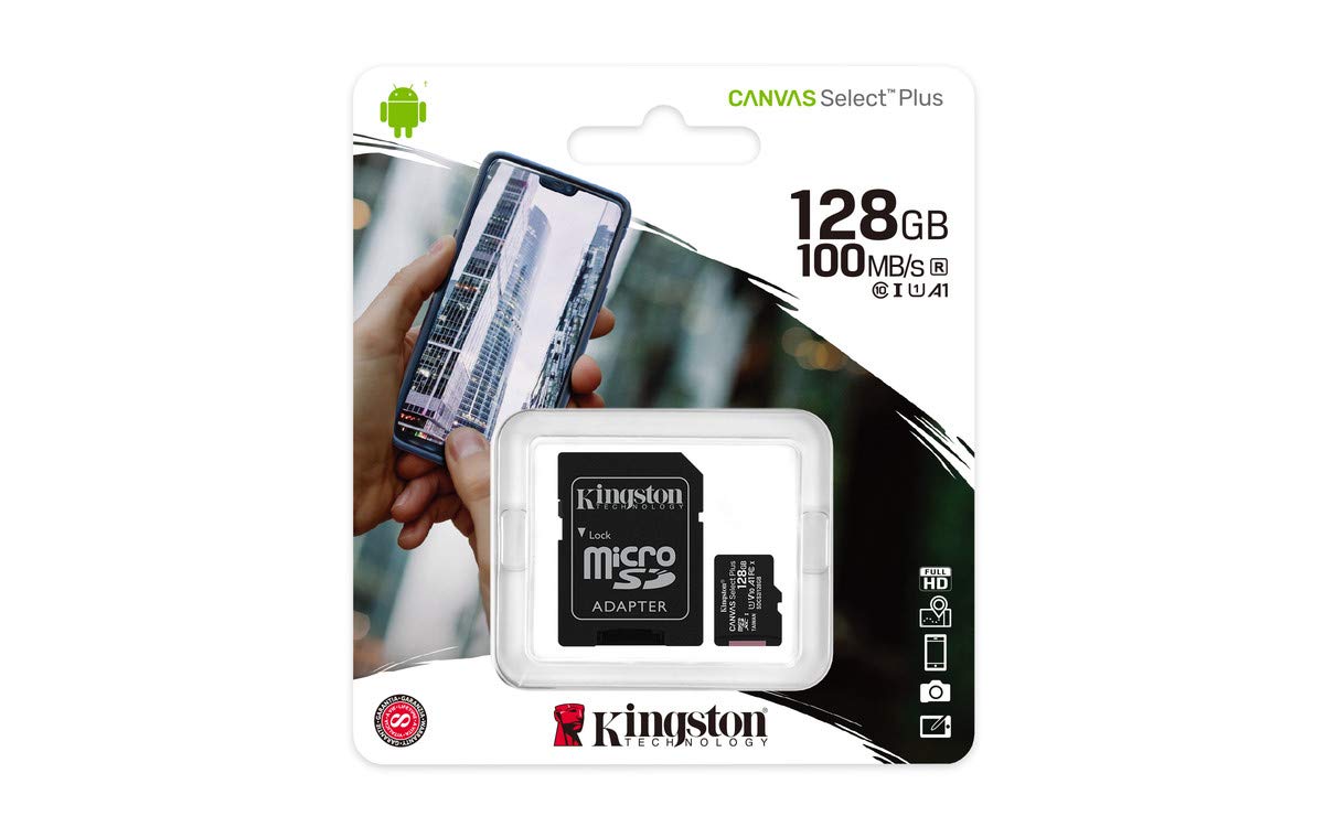 Kingston Canvas Select Plus 128GB microSD Card Class 10 UHS-I speeds up to 100MB/s with Adapter (SDCS2/128GBIN), Black