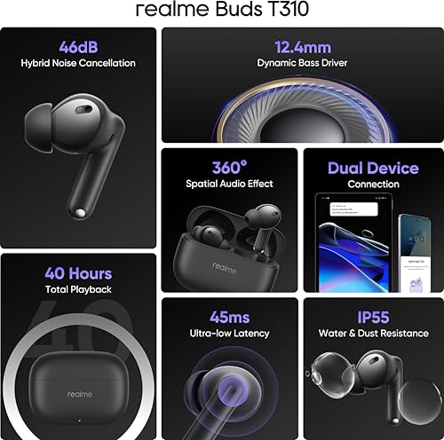 realme Buds T310 Truly Wireless in-Ear Earbuds with 46dB Hybrid ANC, 360° Spatial Audio, 12.4mm Dynamic Bass Driver, Upto 40Hrs Battery and Fast Charging (Vibrant Black)