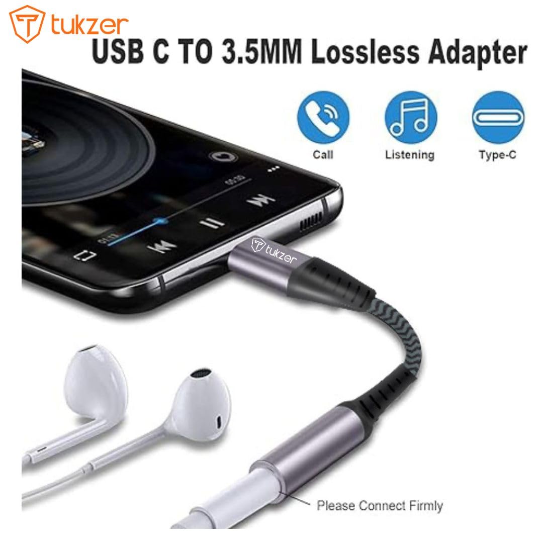 Tukzer Type C to 3.5mm Audio Jack Cable, DAC Headphone/Earphone Converter Adapter| Hi-Fi Stereo Aux Cable for Smartphones, Tablets Other Type C Devices| Nylon Braided Material (12CM/ Black+Grey)