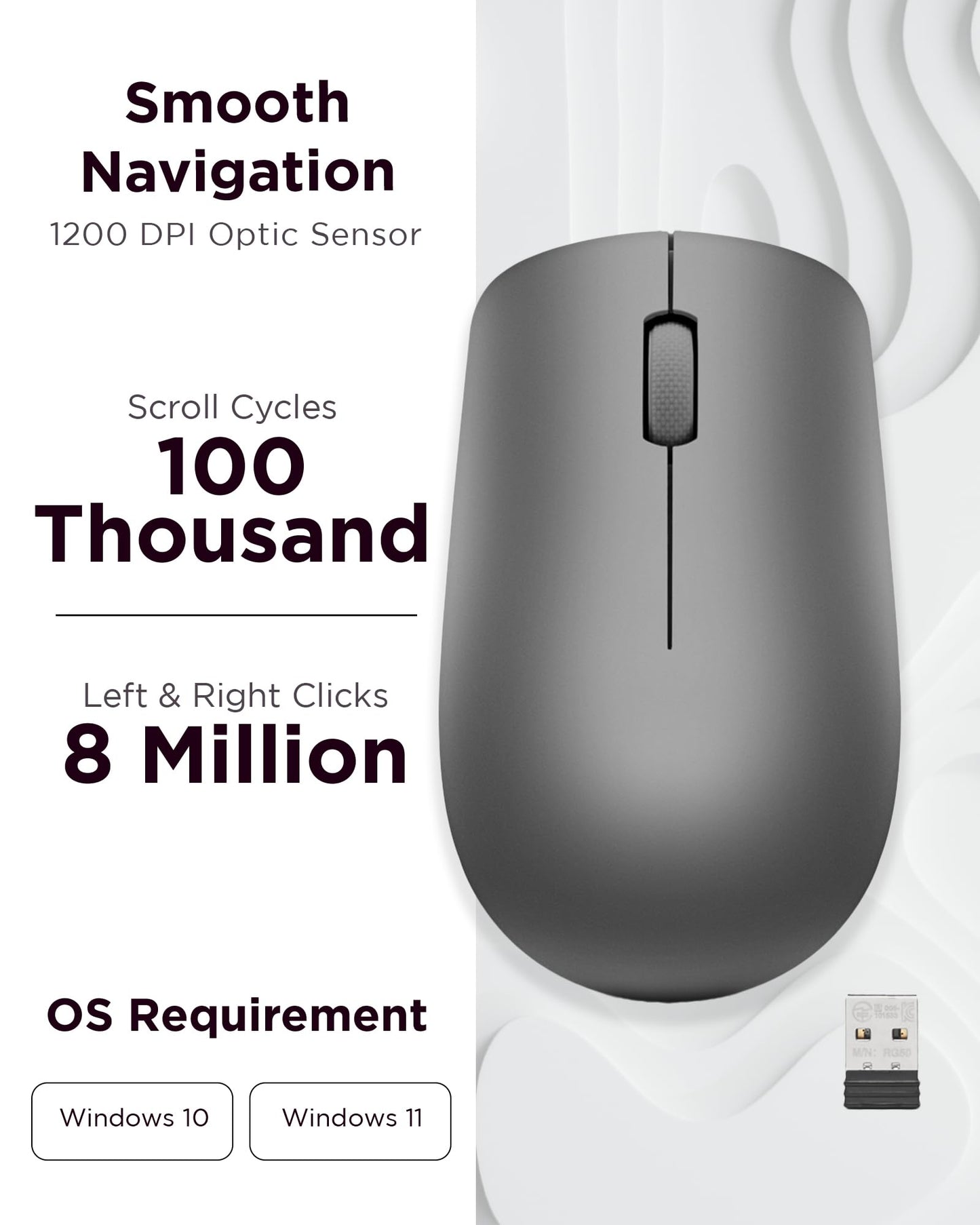 Lenovo 530 Wireless Mouse (Graphite): Ambidextrous, Ergonomic Mouse, Up to 8 Million clicks for Left and Right Buttons, Optical Sensor 1200 DPI, 2.4 GHz Wireless Technology via Nano USB Receiver