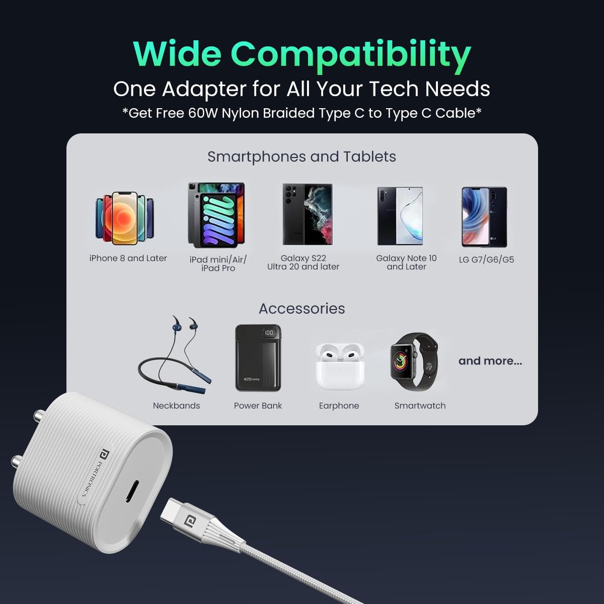 Portronics Adapto 33G 33W GaN Type C PD Port Fast Wall Charger Comes with 60W Nylon Braided Type C to Type C Fast Charging Cable, Compatible with iPhone 8 and Above, iPad, Tablet(White)