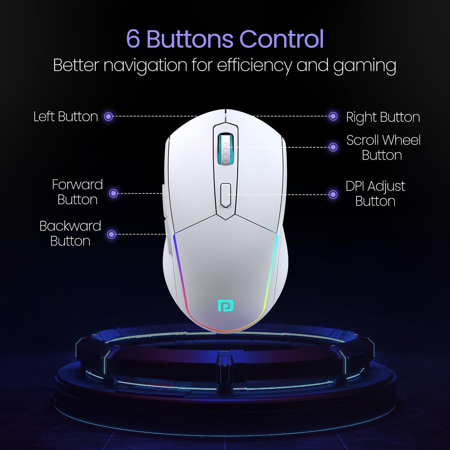 Portronics Toad One Bluetooth Mouse with 2.4 GHz & BT 5.3 Dual Wireless, 6 Buttons, Rechargeable, RGB Lights, Connect 3 Devices, Ergonomic Design for Laptop, Smartphone, Tablet (White)