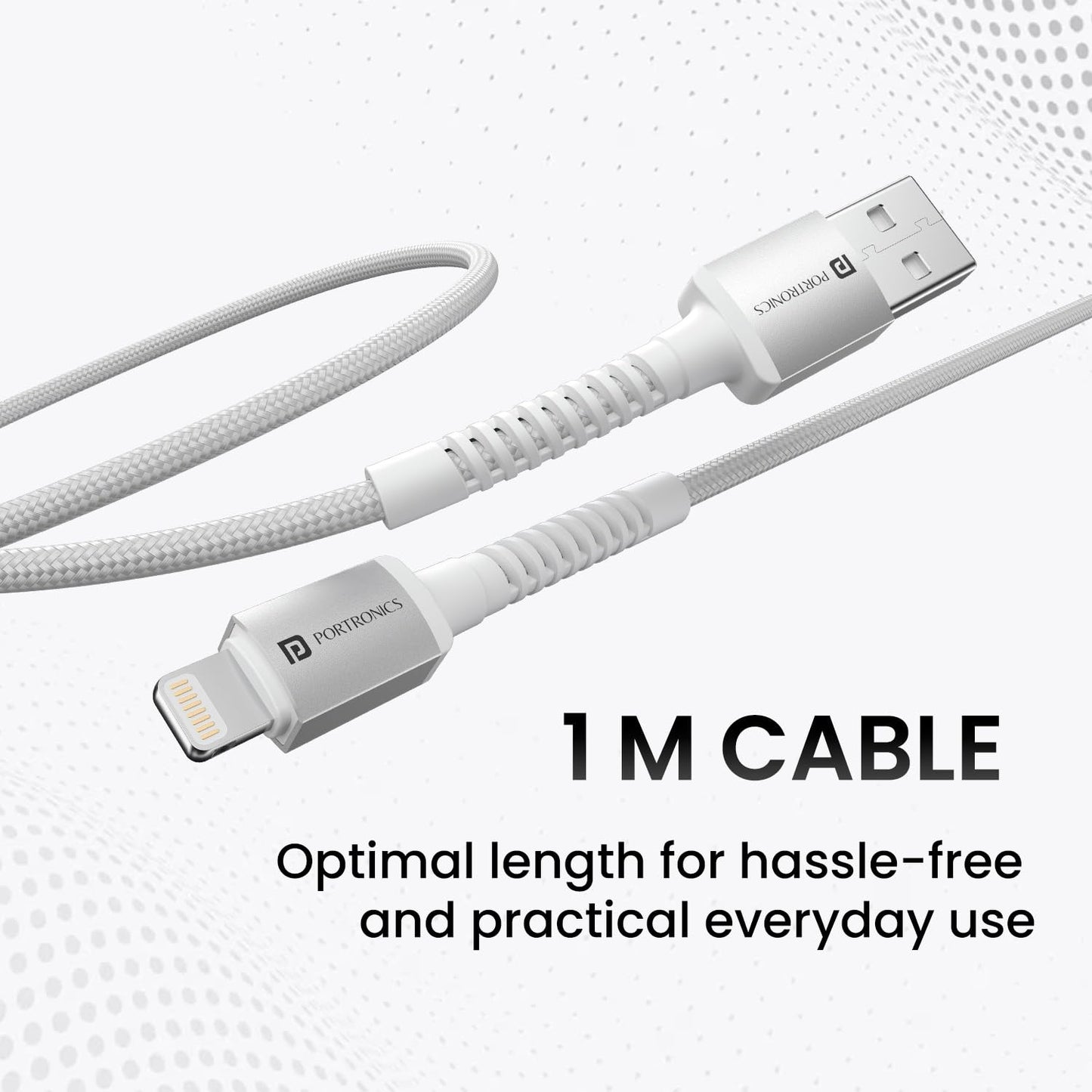 Portronics Konnect X USB to 8 Pin Cable with 3A Output, Fast Charging & Data Transfer, Nylon Braided, Aluminium Alloy Shell, 1M Length compatible with 8 PIN Devices(White)