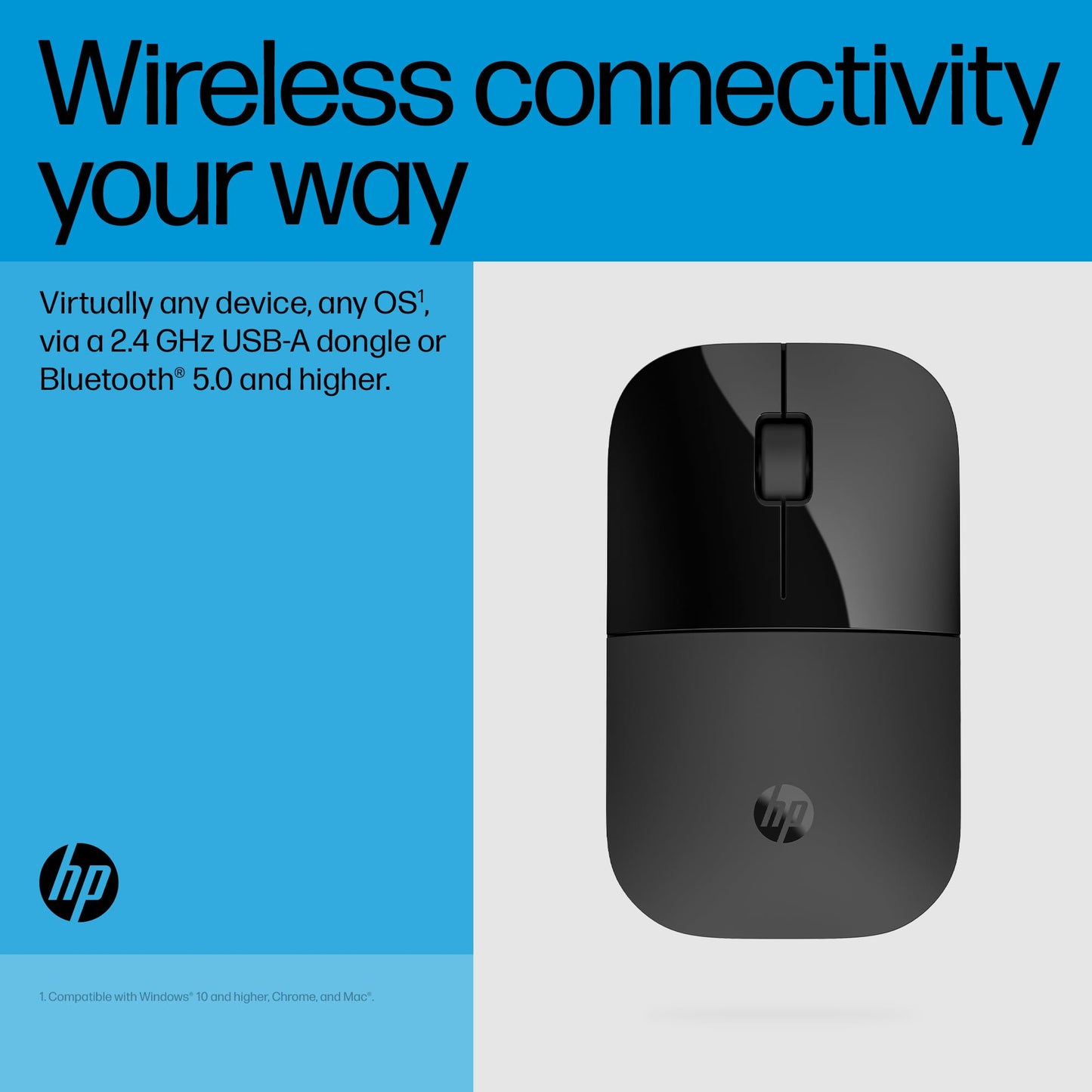 HP Z3700 Dual Black Mouse, Bluetooth 5.0, USB-A dongle, 2.4 GHz Wireless Connection, Multi-Surface Tracking, Silent clicks, Up to 1600 dpi, 16-Month Battery Life, 3-Year Warranty, 50g, Black, 758A8AA