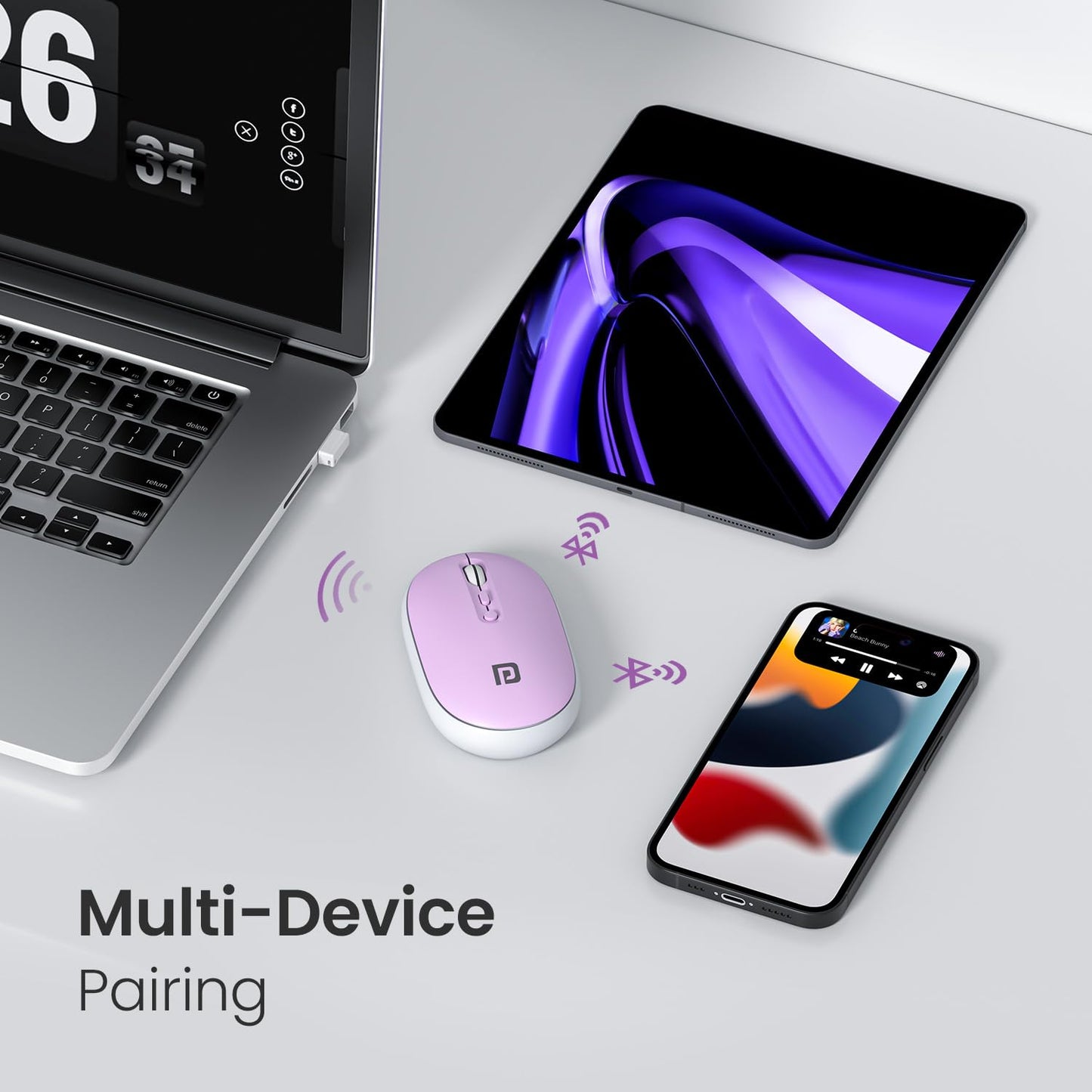 Portronics Toad II Bluetooth Mouse, with Bluetooth 5.0 & 2.4 Ghz Dual Wireless Connectivity, Rechargeable Battery, Adjustable DPI up to 1600 Compatible with Laptop, MacBook, PC (Purple)