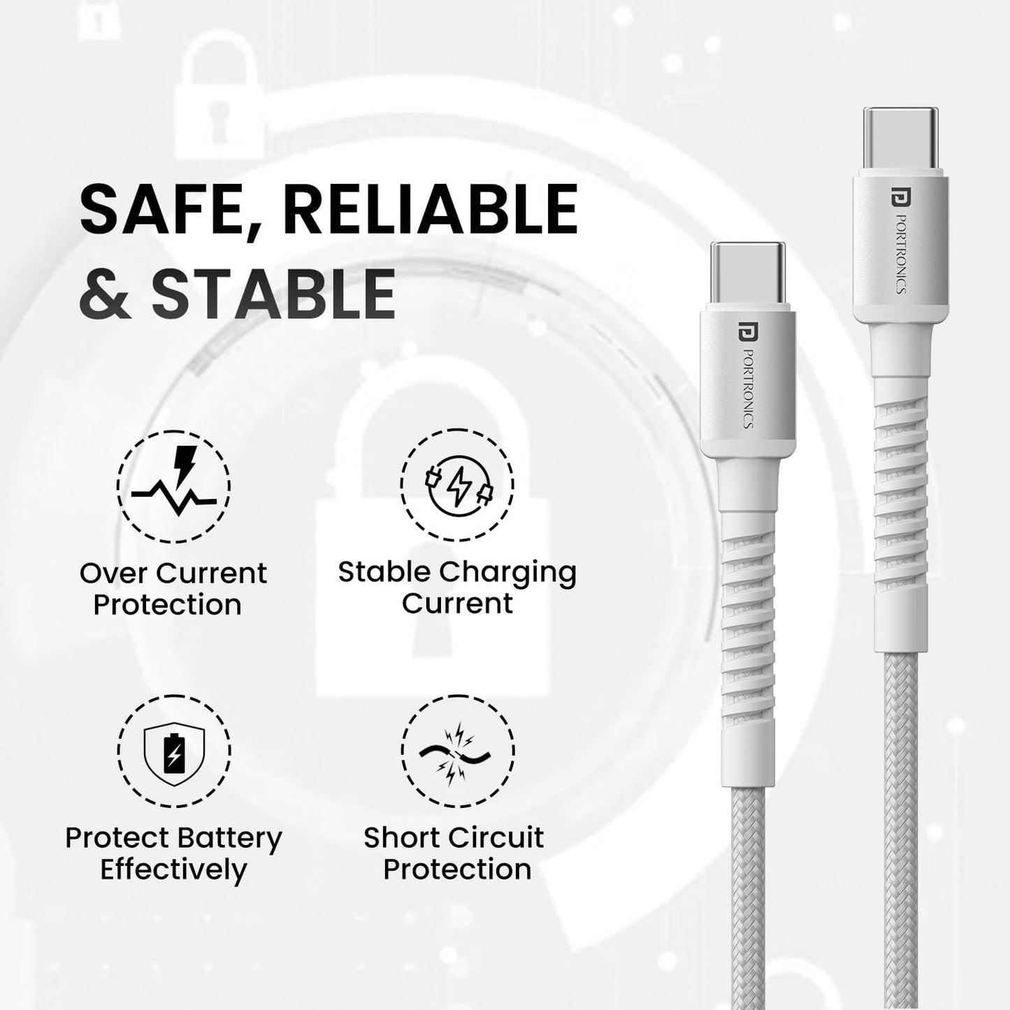 Portronics Konnect X 60W Type C to Type C Unbreakable Nylon Braided Cable, 2M Fast Charging Cable for iPhone 15 series, iPad, Samsung Galaxy & other Type C Devices(White)