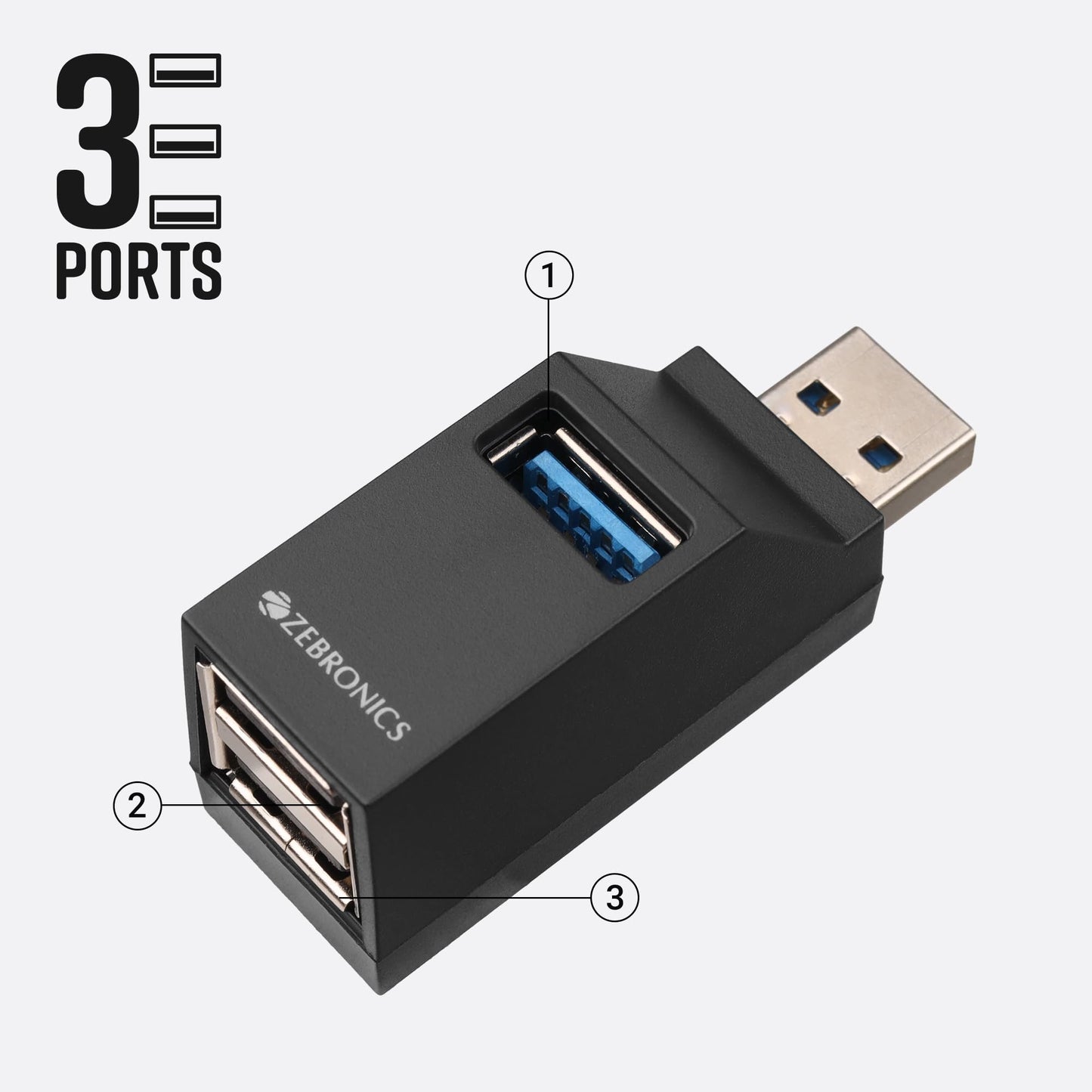 ZEBRONICS 180HB USB HUB, 3 Ports, USB 3.0, Transfer Speeds Upto 5 Gbps, Lightweight Design, Multi OS Compatible, Plug and Play