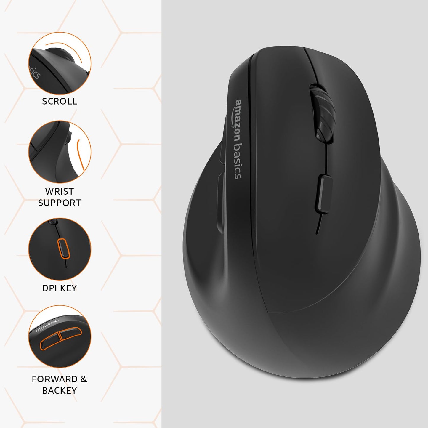 amazon basics Pro Series 2.4G Wireless Ergonomic Mouse for PC, Mac, Laptop | Dual Modes | 3 Adjustable DPI Settings Up to 2400 | Shortcut Buttons | Connects up to 3 Devices (Black)