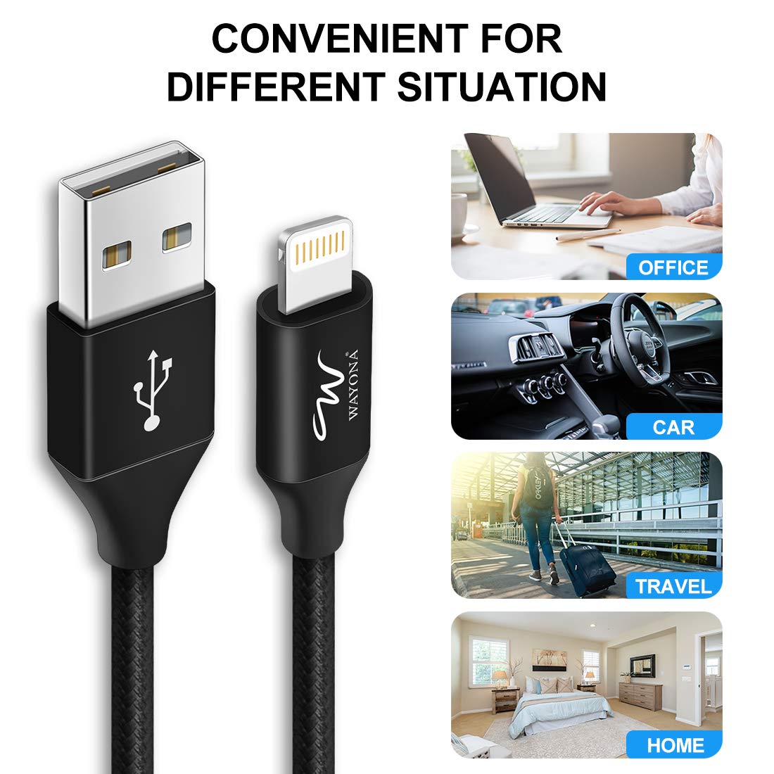 Wayona Nylon Braided 3A Lightning to USB A Syncing and Fast Charging Data Cable for iPhone, Ipad (3 FT Pack of 1, Black)