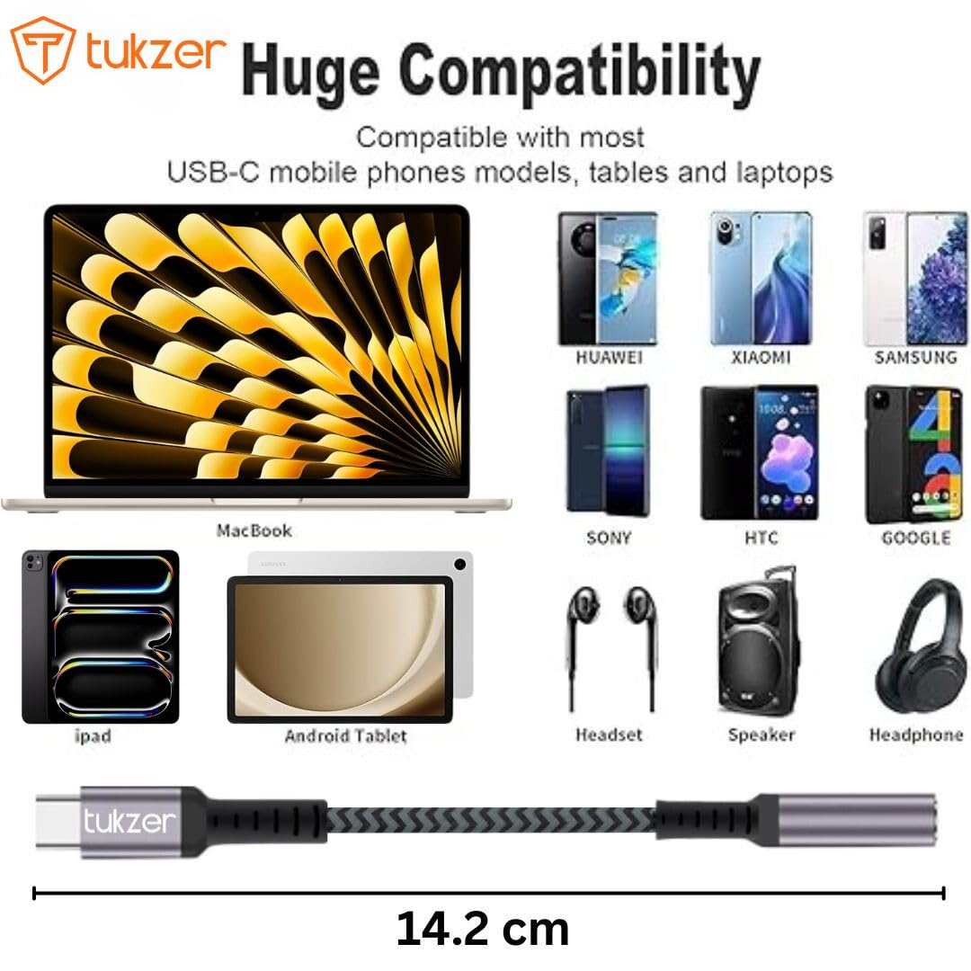 Tukzer Type C to 3.5mm Audio Jack Cable, DAC Headphone/Earphone Converter Adapter| Hi-Fi Stereo Aux Cable for Smartphones, Tablets Other Type C Devices| Nylon Braided Material (12CM/ Black+Grey)