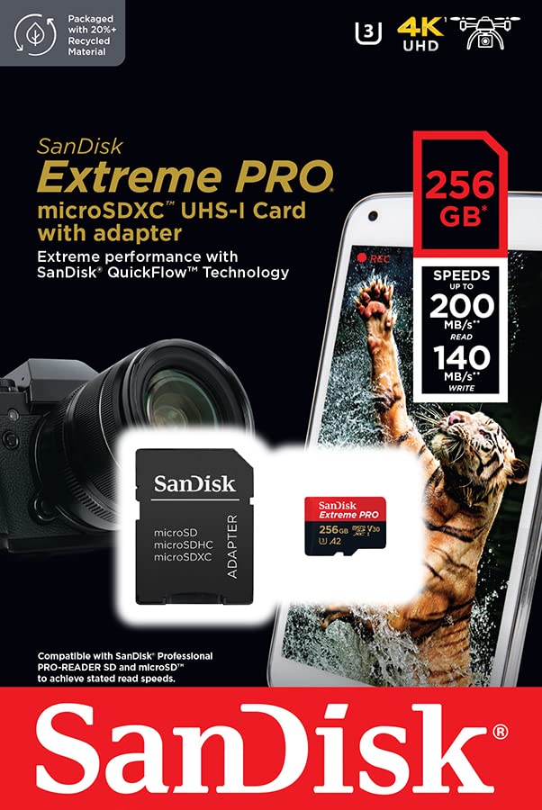 SanDisk Extreme Pro 256GB microSDXC UHS-I, V30, 200MB/s Read, 140MB/s Write, Memory Card for 4K Video on Smartphones, Action Cams and Drones