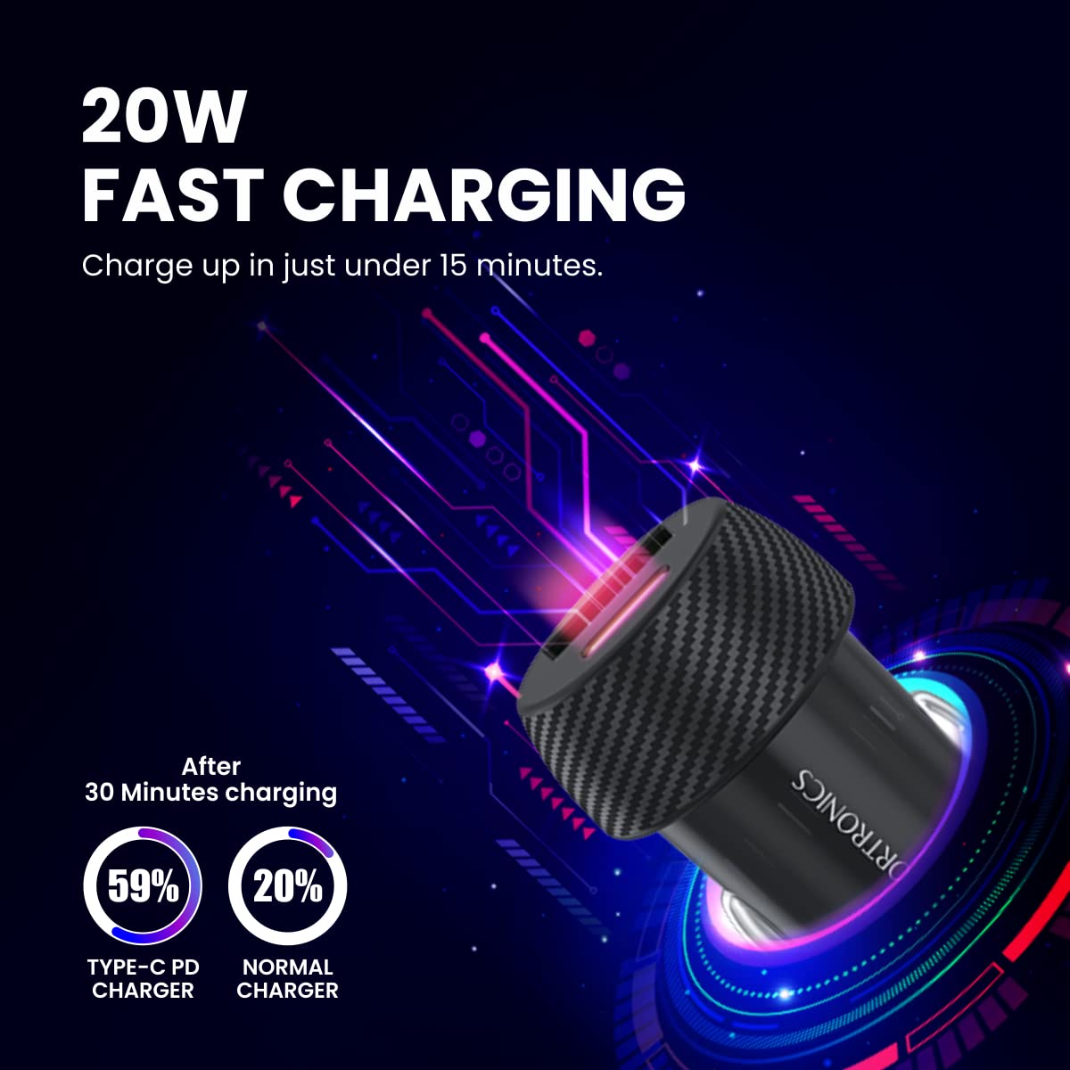 Portronics 20W Car Power 7 Car Charger with Dual Output (Type-C PD + USB), Fast Charging, Adapter Compatible for Most Cars & Cellular Phones (Black)