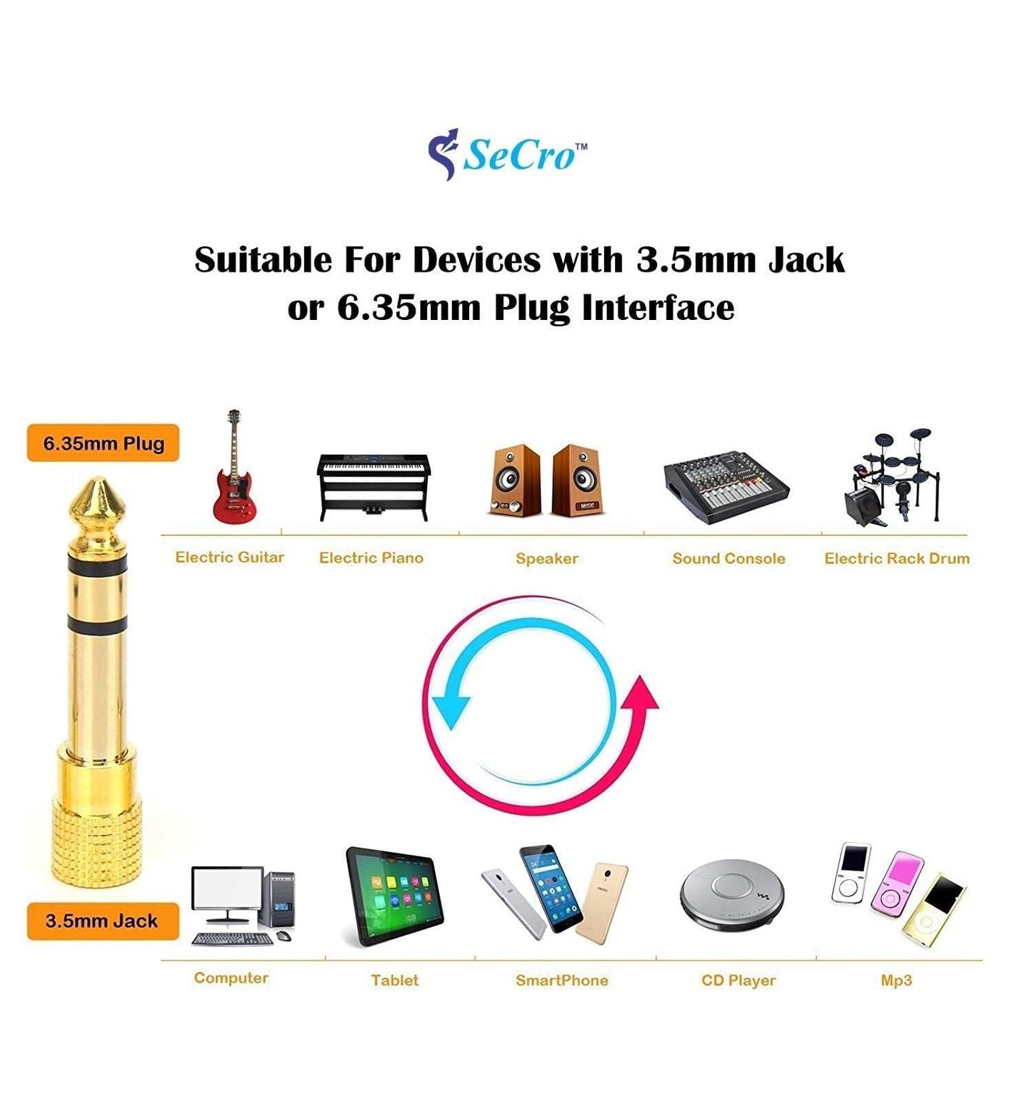 SeCro 3.5mm Female to 6.35mm Male Plug Stereo Audio Jack Converter (Golden) - Pack of 2