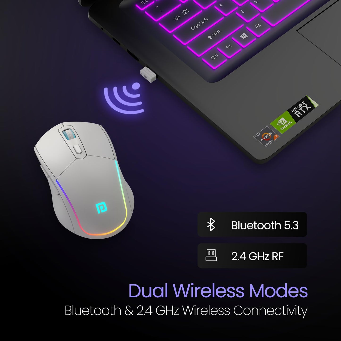 Portronics Toad One Bluetooth Mouse with 2.4 GHz & BT 5.3 Dual Wireless, 6 Buttons, Rechargeable, RGB Lights, Connect 3 Devices, Ergonomic Design for Laptop, Smartphone, Tablet (White)