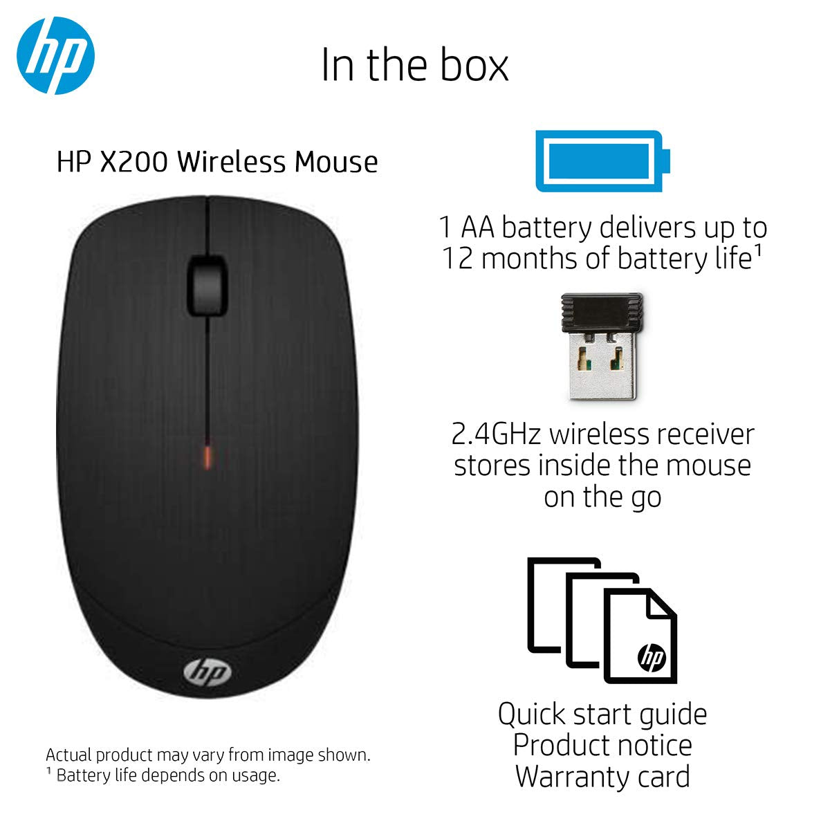 HP Battery_King X200 Wireless Mouse with 2.4 Ghz Wireless Connectivity, Adjustable Dpi Up to 1600, Ambidextrous Design, and 18-Month Long Battery Life. 3-Years Warranty (6Vy95Aa)