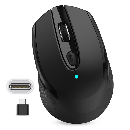 RaceGT Wireless Mouse Type C, 2.4G Silent Ergonomic Mouse for Laptop, USB C Mouse with 6 Buttons and 800/1200/1600 DPI for iPad/Tablet/PC/Mac/Windows - Black