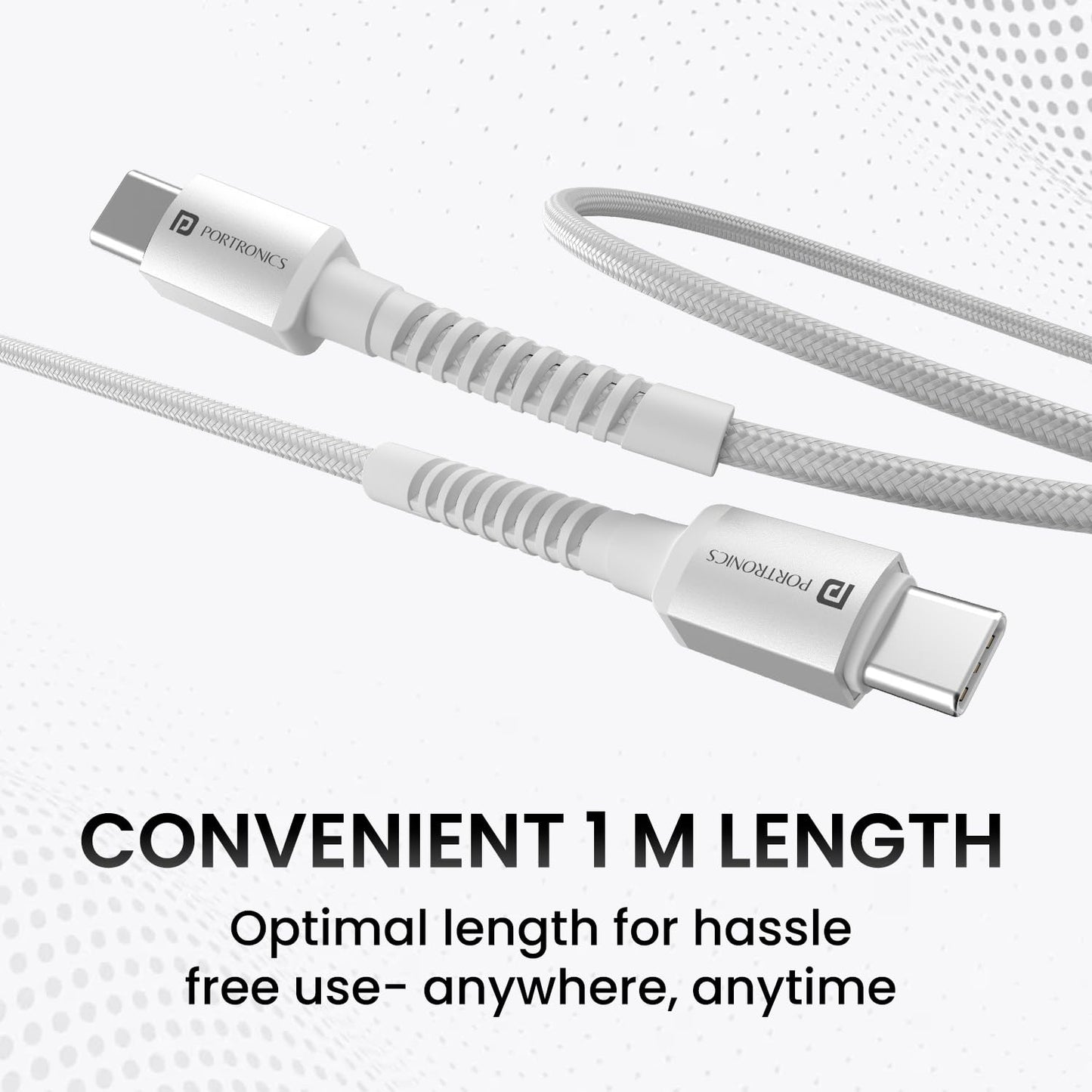 Portronics Konnect X 60W Type C to Type C Unbreakable Nylon Braided Cable, 1M Fast Charging Cable for iPhone 15 series, iPad, Samsung Galaxy & other Type C Devices(White)