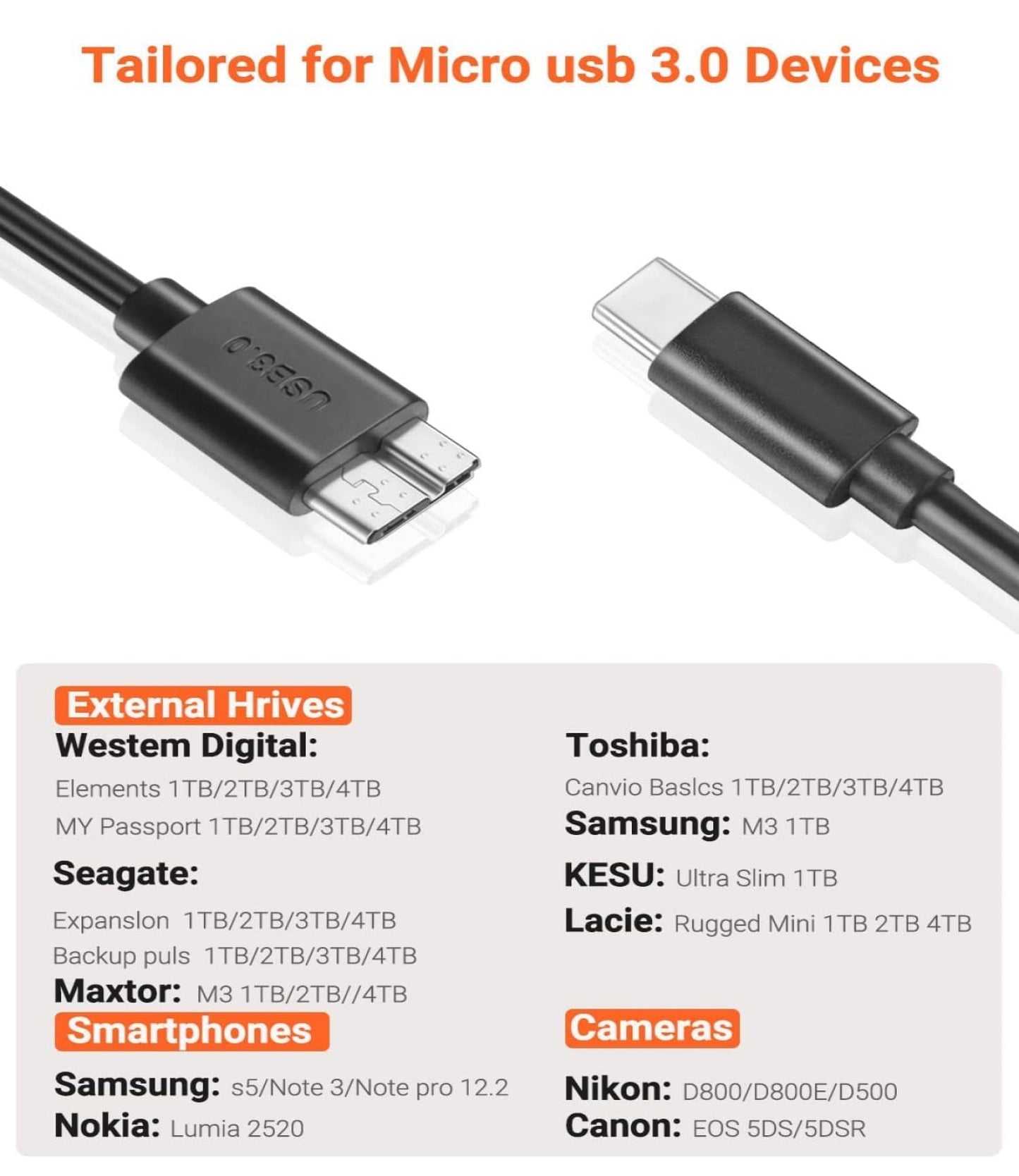 Sounce Hard Drive Cable USB C Type C to Micro-B USB 3.0, 10Gbps Fast Charging Compatible WD Elements, My Passport Seagate Expansion, Toshiba, MacBook Pro Air Samsung M3, Galaxy S5, Maxtor, S5/Note 3