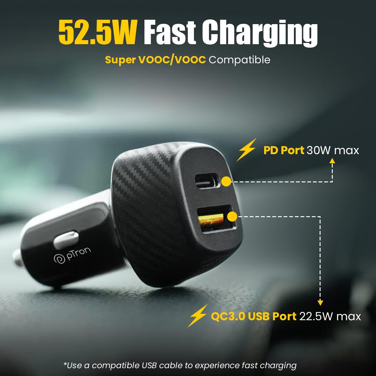 pTron Bullet Zip Mini 52.5W Car Charger with Dual Output, Super Fast Charging Compatible with Samsung, Xiaomi, Apple, MacBook, iPad, Oppo, Vivo, OnePlus, 30W Type-C/PD & 22.5W USB QC 3.0A (Black)