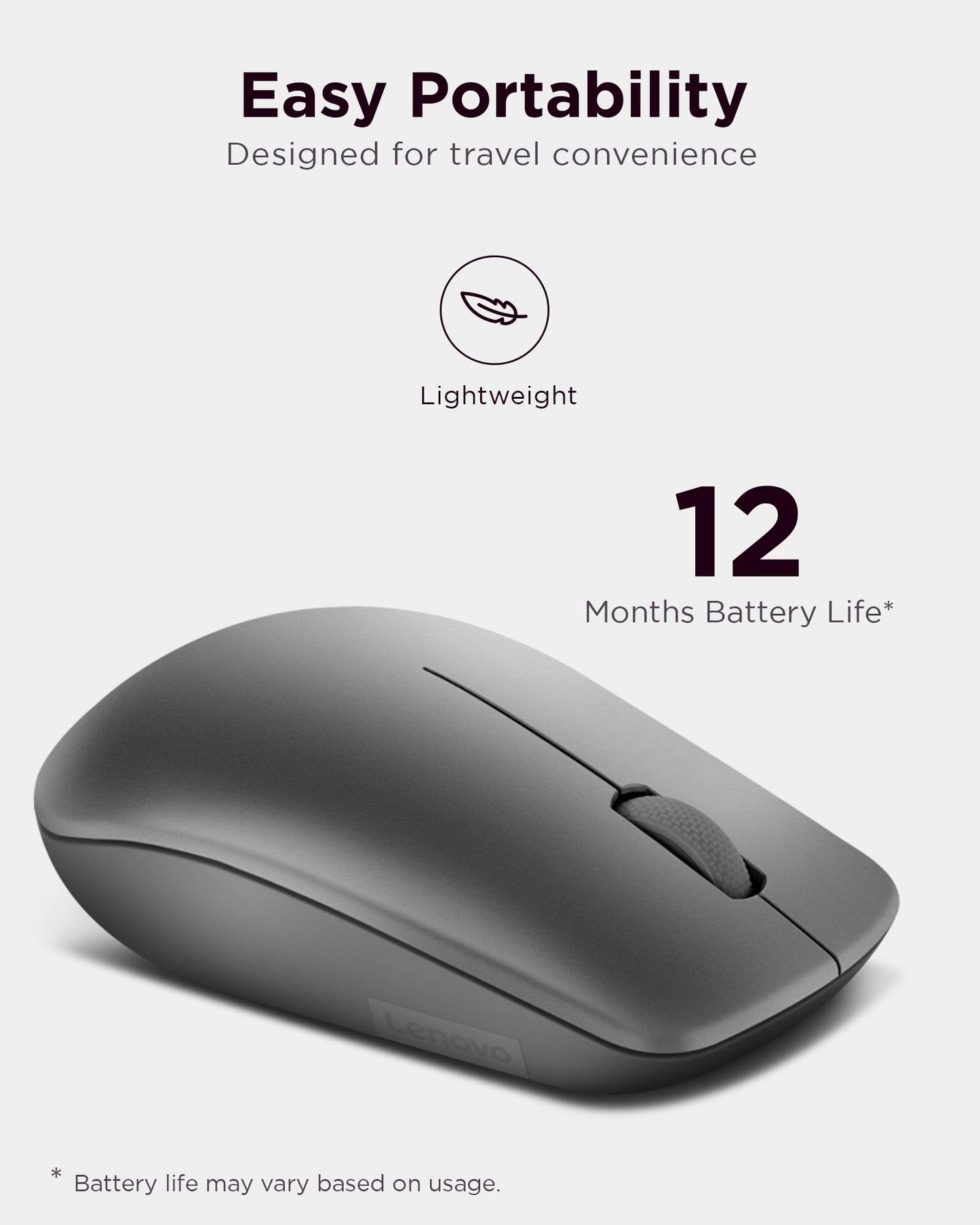 Lenovo 530 Wireless Mouse (Graphite): Ambidextrous, Ergonomic Mouse, Up to 8 Million clicks for Left and Right Buttons, Optical Sensor 1200 DPI, 2.4 GHz Wireless Technology via Nano USB Receiver