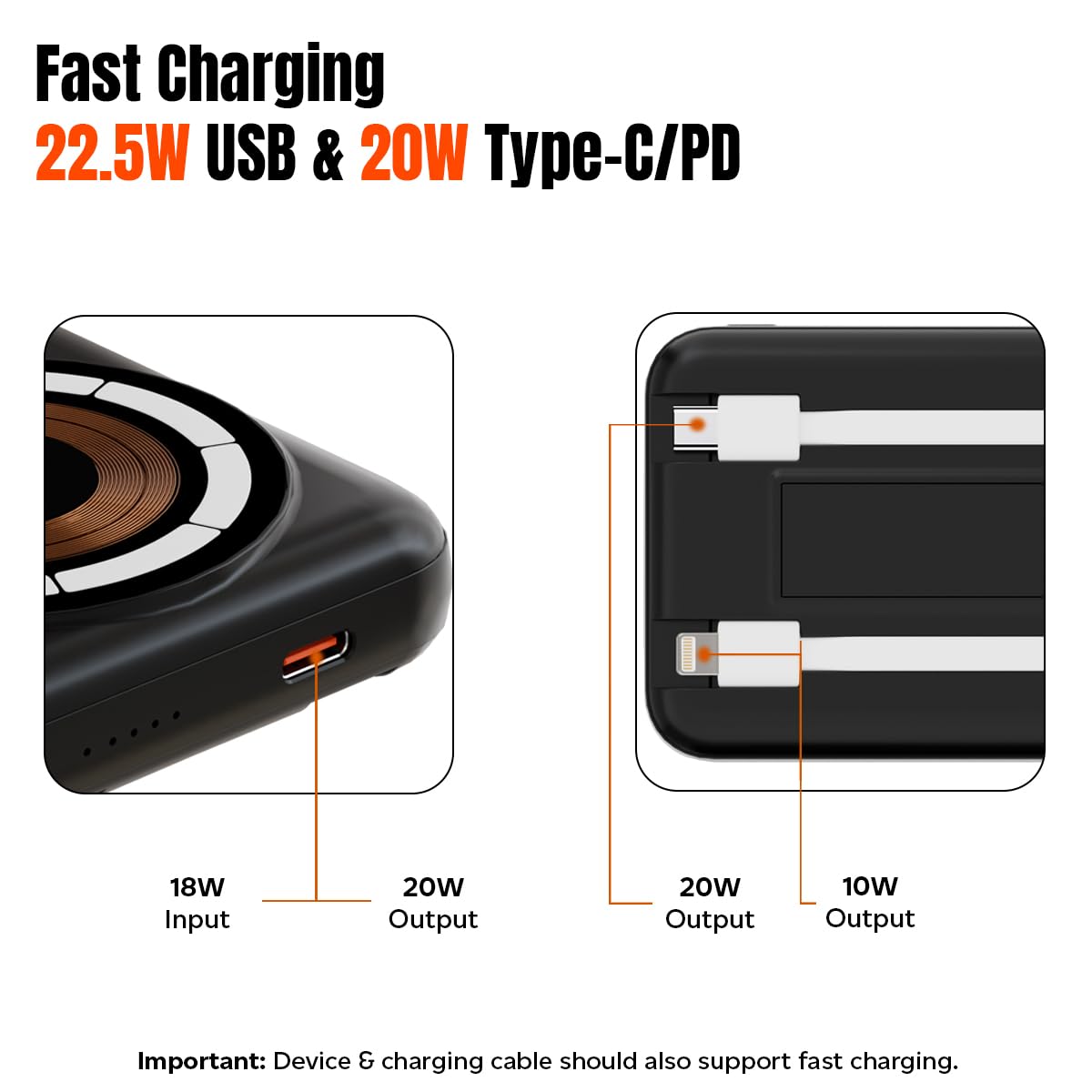 pTron Dynamo Quanta 10000mAh 22.5W Nano Power Bank, 15W Magnetic Wireless Charging, Compact Size Fast Charging, 20W PD Fast Charging, Built-in Cables, 3 Output Ports & BIS Certified (Black)