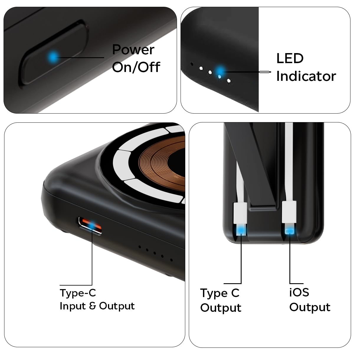 pTron Dynamo Quanta 10000mAh 22.5W Nano Power Bank, 15W Magnetic Wireless Charging, Compact Size Fast Charging, 20W PD Fast Charging, Built-in Cables, 3 Output Ports & BIS Certified (Black)